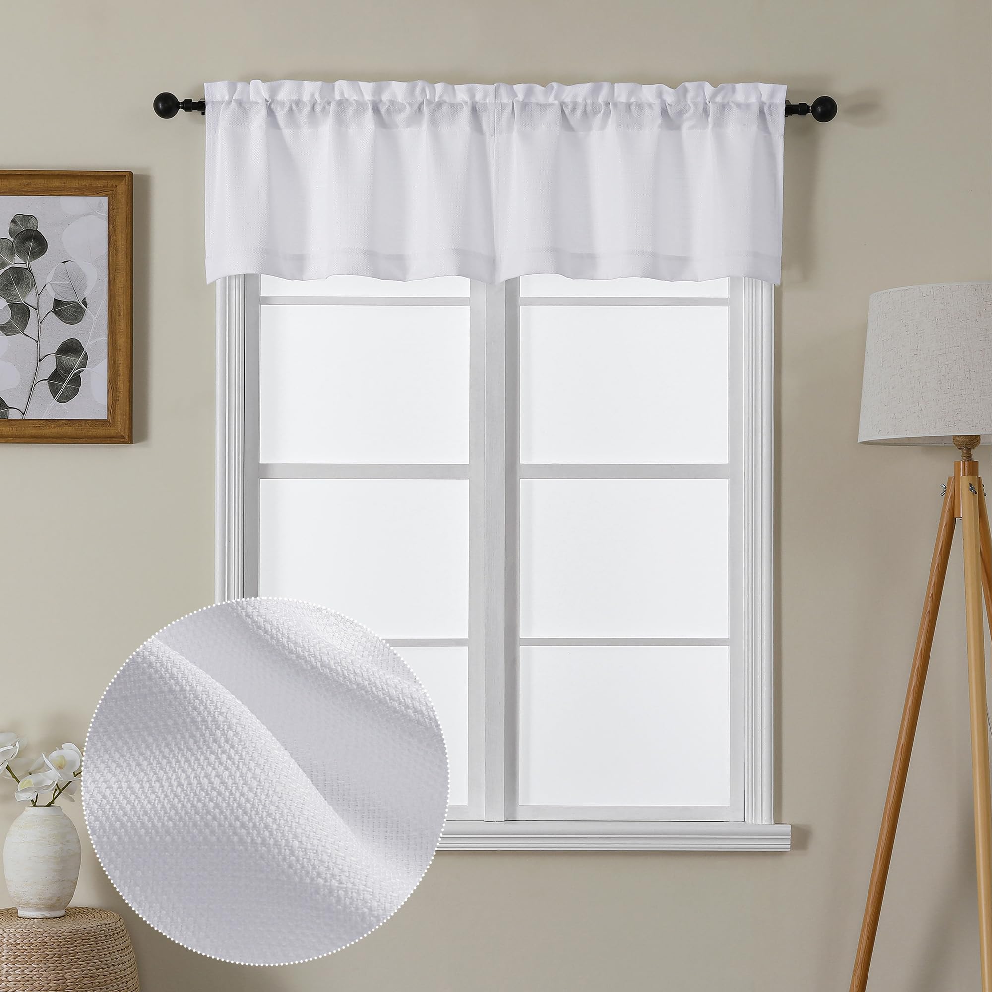 Photo 1 of Lecloud Bessie White Valances for Windows 2 Panels Set, Short Cafe Kitchen Curtains with Rod Pocket, Window Valances Curtains for Bedroom Basement, Each 30 W x 14 L