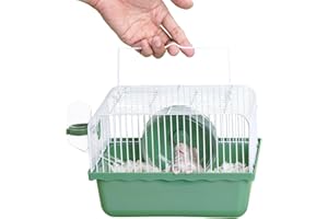 JOUSONTY 9.1×6.7×6.3 inch Small Portable Hamster Cages, Hamster Carrier, Pet Travel Carrier, Small Animal Pet Cages, with Water Bottle, Food Bowl, Wheel, Green