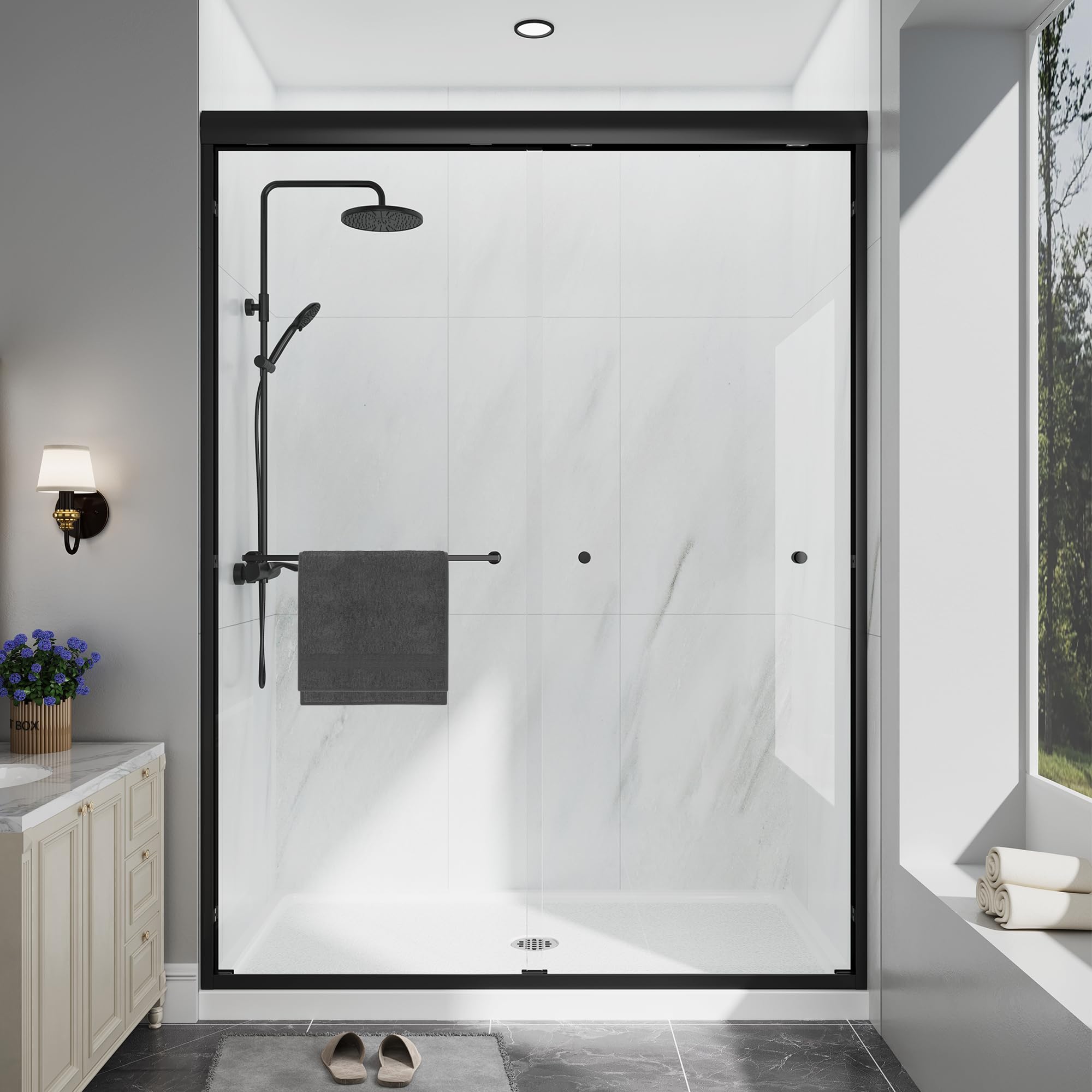 Photo 1 of EASYWORC Double Sliding Shower Door, 55"-60" W x 70" H Semi-Frameless Glass Shower Door, 1/4'' (6mm) Clear SGCC Tempered Glass with Explosion-Proof Film and Nano Coating, Matte Black