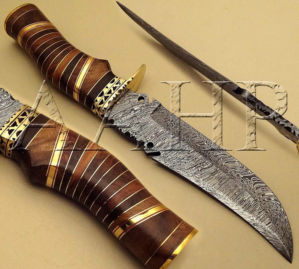 AAHP - 4, 12 Inches Hunting Knife with approx 7 inch blade made of 100% Real Damascus Steel, approx 5 inch Natural Wood and Brass Rings Handle