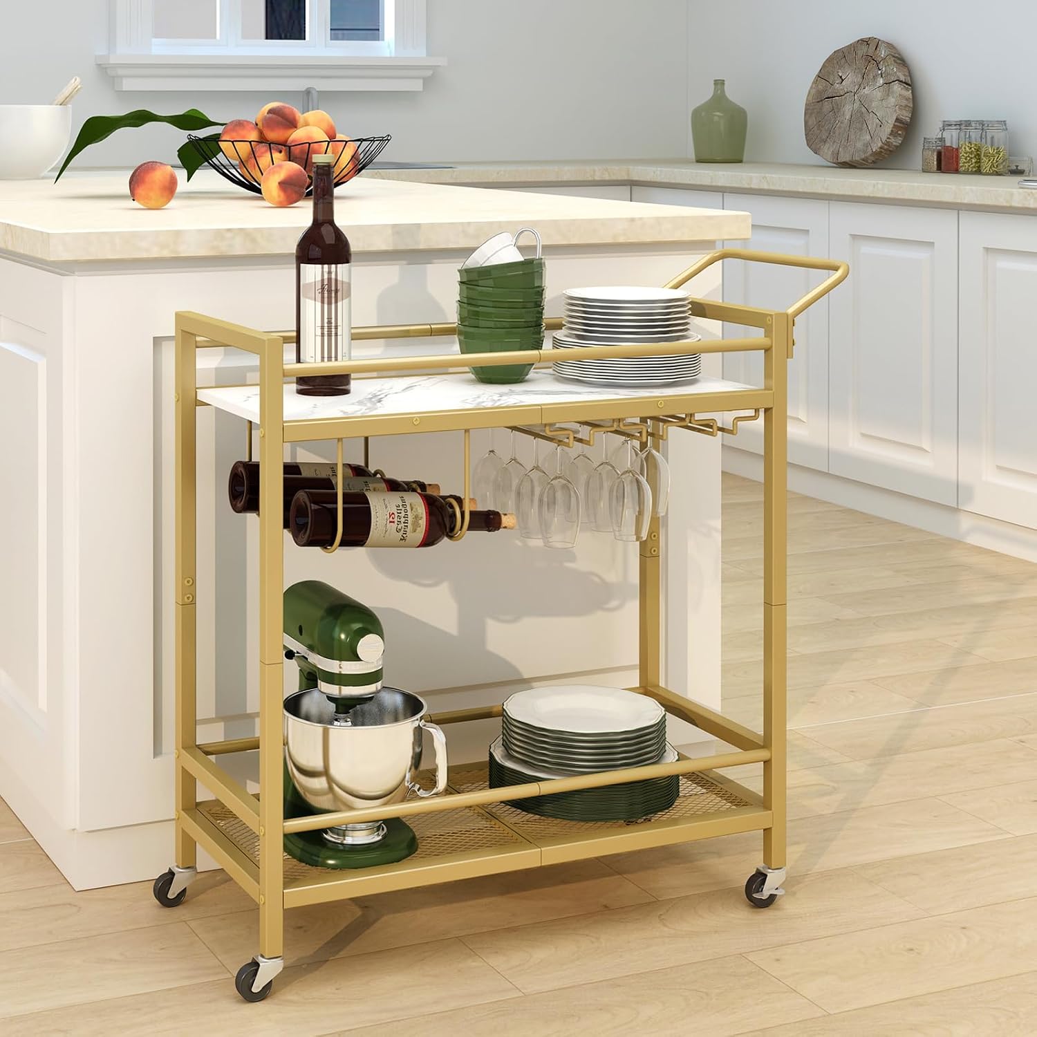 LAATOOREE two-color bar cart with reversible panels set up in a living room