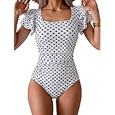 Eomenie Women's Tummy Control One Piece Swimsuit Ruffle Square Neck Bathing Suit Ruched Cutout Back Slimming Swimwear