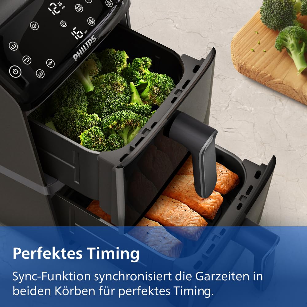 Philips Airfryer 4000 Series Stacked Dual Basket, Gestapelte Heißluftfritteuse 2 Kammern, 10L, RapidAir Technologie, 45% weniger Platzbedarf, PFAS-freie Keramikbeschichtung, Sichtfenster (NA460/00) 9