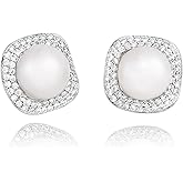 Pearl Earrings Studs 925 Sterling Silver 9MM Cultured Freshwater Pearl Cubic Zirconia Button Stud Earrings