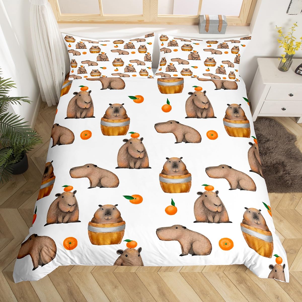 Kids Capybara Bedding Gifts,Cute Capybara Anatomy Duvet Cover Single Size,Kawaii Rodent Animal Comforter Cover for Teens Boys Girls,Cartoon Style Quilt Cover 2 Pieces Capybara Lovers Home Decor