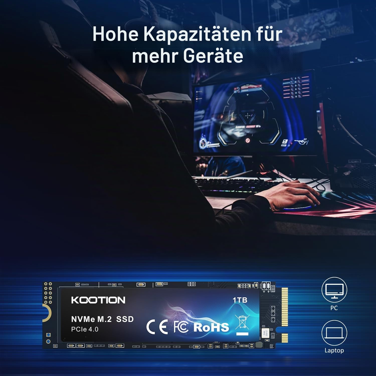 KOOTION SSD 1TB Nvme SSD PCIe 4.0 Interne Festplatte 5200MB/s Lesen, 4500MB/s Schreiben, 1 TB SSD 3D NAND Flash Interne Solid-State-Laufwerk für PS5, Programme, Gaming und Videoschnitt 5