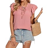 Kate Kasin Women's Dressy Casual Tops Ruffle Sleeve Blouse V Neck Shirts Pleated Drawstring Front Work Blouses Loose Fit