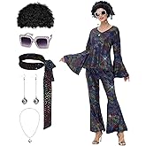 70s Disco Costume for Women - 1970s Disco Outfit with Wig, Earrings, glasses, Necklace, Headband, Sequin Top & Bell Bottoms