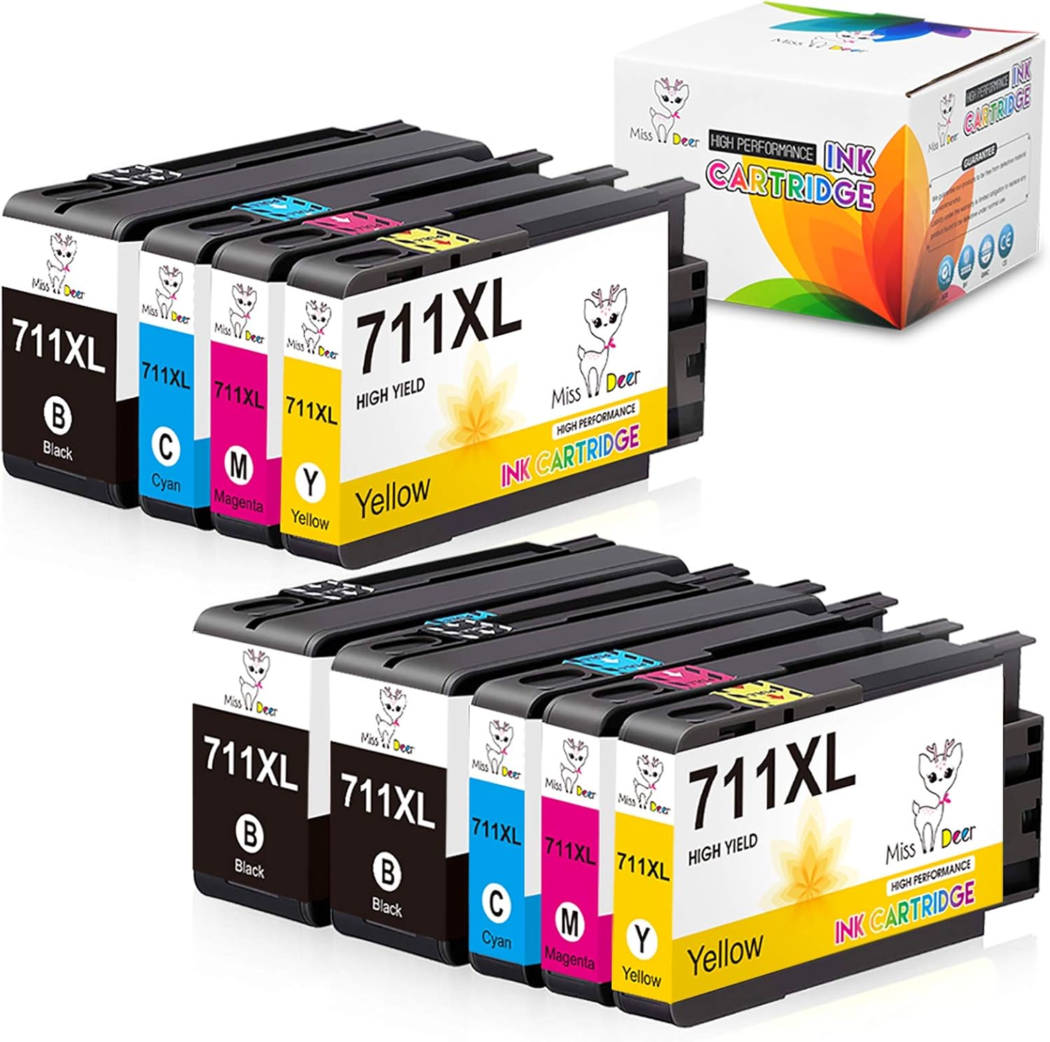 Miss Deer 711XL Ink Cartridges Replacement for HP 711 711XL,Work for HP Designjet T120 T520 24-in T520 36-in Printers(3 Black, 2 Cyan, 2 Magenta, 2 Yellow) 9 Pack