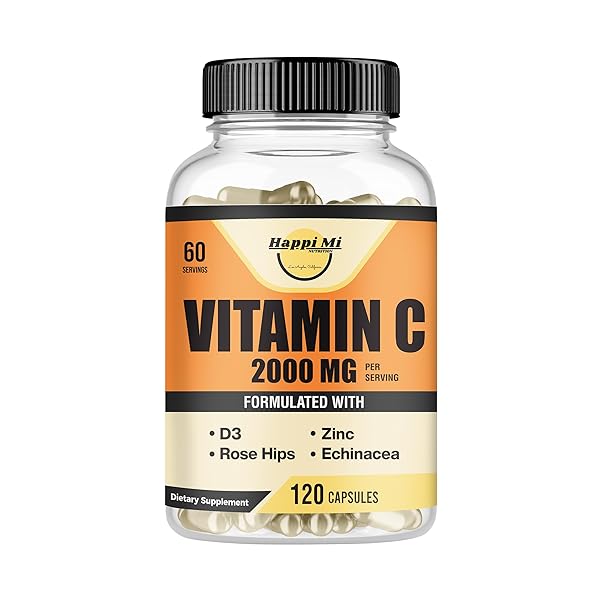 HAPPI MI NUTRITION VITAMIN C 2000MG, ZINC 40 MG, VITAMIN D3 5000 IU, ECHINACEA EXTRACT, ROSE HIP, IMMUNE SUPPORT FOR ADULTS & KIDS, IMMUNE BOOSTER,120 VEGAN CAPS, 60 DAY SUPPLY, NON GMO, NO FILLER