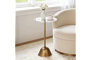 Aoligrace Acrylic Pedestal Side Table, Small Accent End Table with Antique Brass Base for Couch, Round Martini Drink Tables f