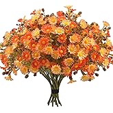 hugsbaaf 12 Bundles UV Resistant Artificial Fall Flowers Fake Mums Realistic Silk Daisy Plastic Faux Autumn Plants for Outdoor Garden Courtyard Patio Decor (Orange)