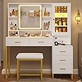 BTHFST Makeup Vanity with Upholstered Stool & Charging Station, Vanity Desk with Mirror and Lights, Vanity Table Set with Jewelry Storage & RGB Lights & 5 Drawers & Shelves, White & Gold