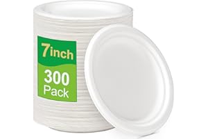 GREENESAGE 100% Compostable Plates 7 inch, 300 Pack Paper Plates Bulk, Small Paper Plates Eco Friendly Disposable Plates, Whi
