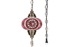 DEMMEX Plug-in Turkish Moroccan Mosaic Hanging Pendant Ceiling Light – Swag Lamp Fixture with 15ft Cord & Chain, Handcrafted Glass, Tiffany Style, Mediterranean Decor (Pink-Red)