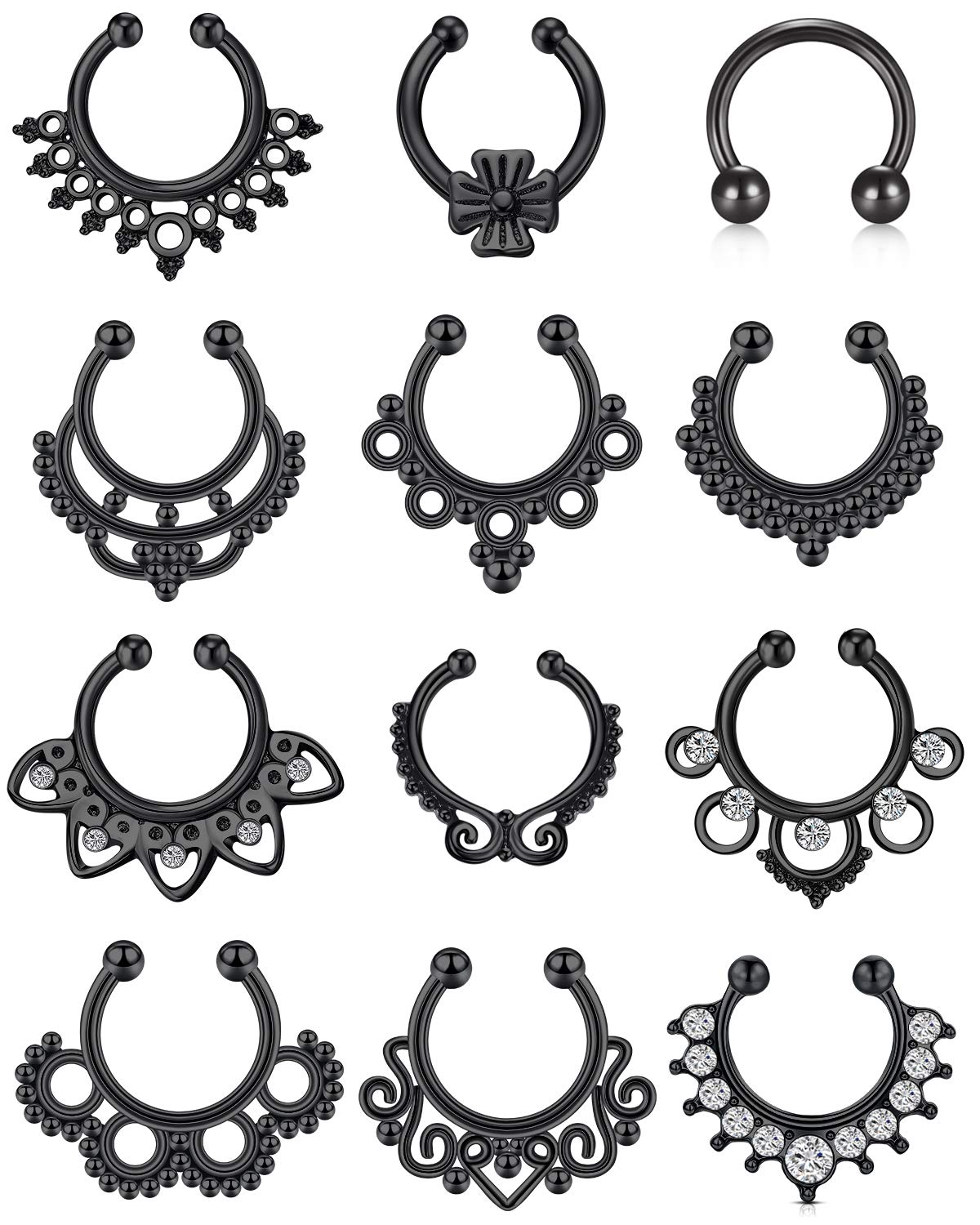 Mayhoop Black Fake Septum Ring, Nose Hoop, Faux Non-Pierced Septum Clip On Body Piercing Jewelry - 12PCS