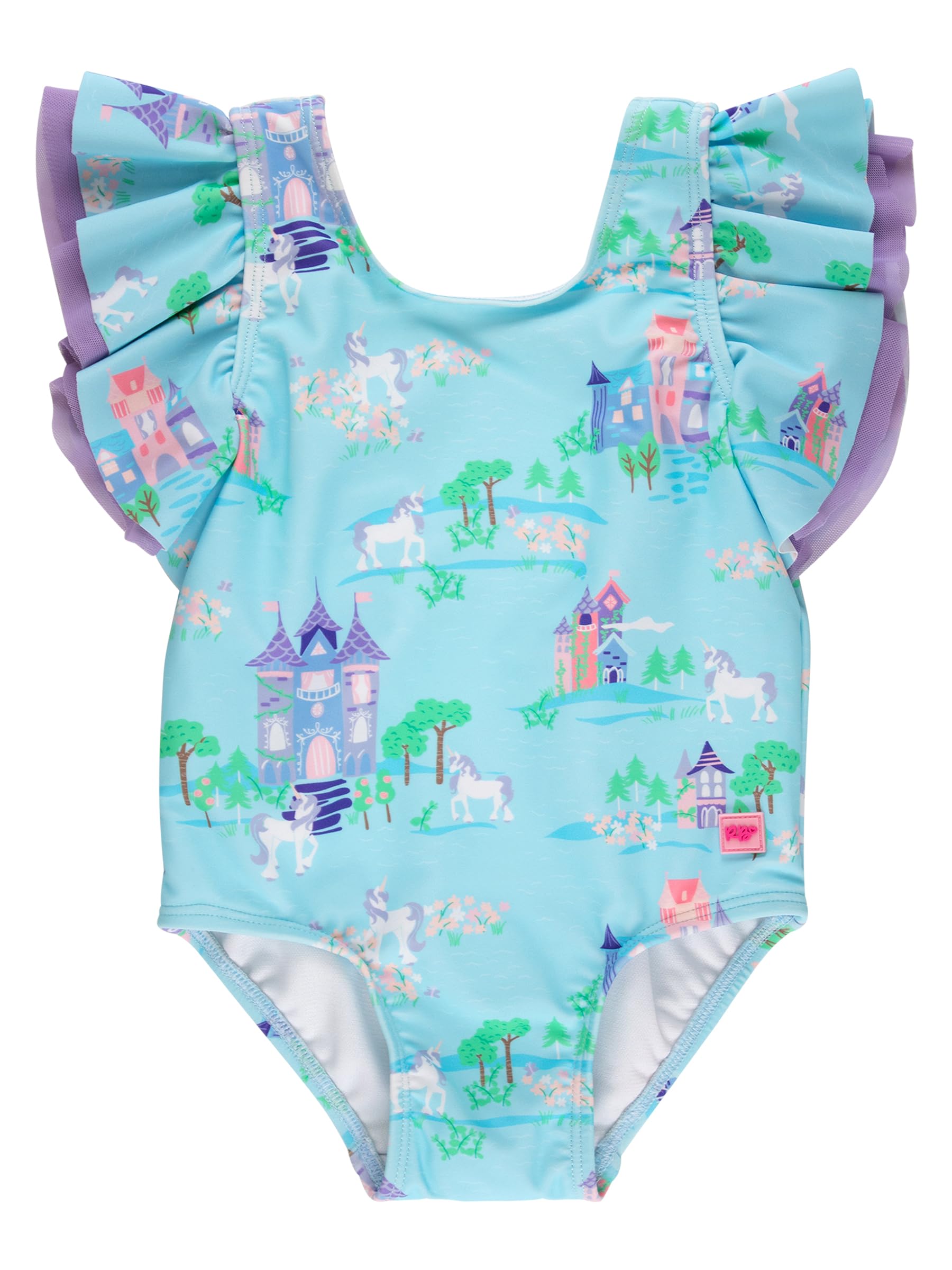 RuffleButts Girls UPF50+ Sun Protection Sleeveless Butterfly Sleeve/Waterfall One Piece Swimsuit - Once Upon a Castle, 2T Image