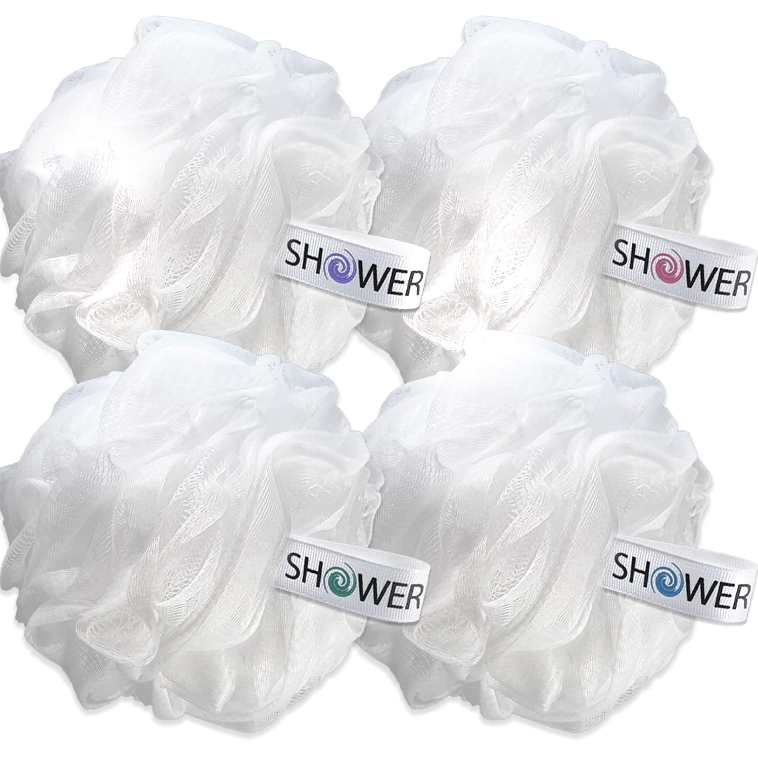 Loofah Soft-White-Cloud Bath-Sponge XL-75g-Set by Shower Bouquet: 4 Pack, Extra Large Mesh Pouf for Men and Women - Exfoliate with Big Gentle Cleanse Scrubber in Beauty Bathing Accessories: Beauty