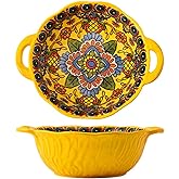 2 Pack Boho Ceramic Serving Bowls with Handles, 40 Oz Porcelain Salad Bowls, Large Serving Dishes for Entertaining, Mixing Bowls for Soup, Stew, Pasta, Cereal, Colorful Embossed Cute Bowls Set HH