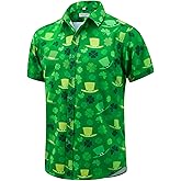 J&DHUASHA Mens St Patrick's Day Shirt Shamrock Irish Printed Green Clover Hawaiian Button Down Short Sleeves Shirts