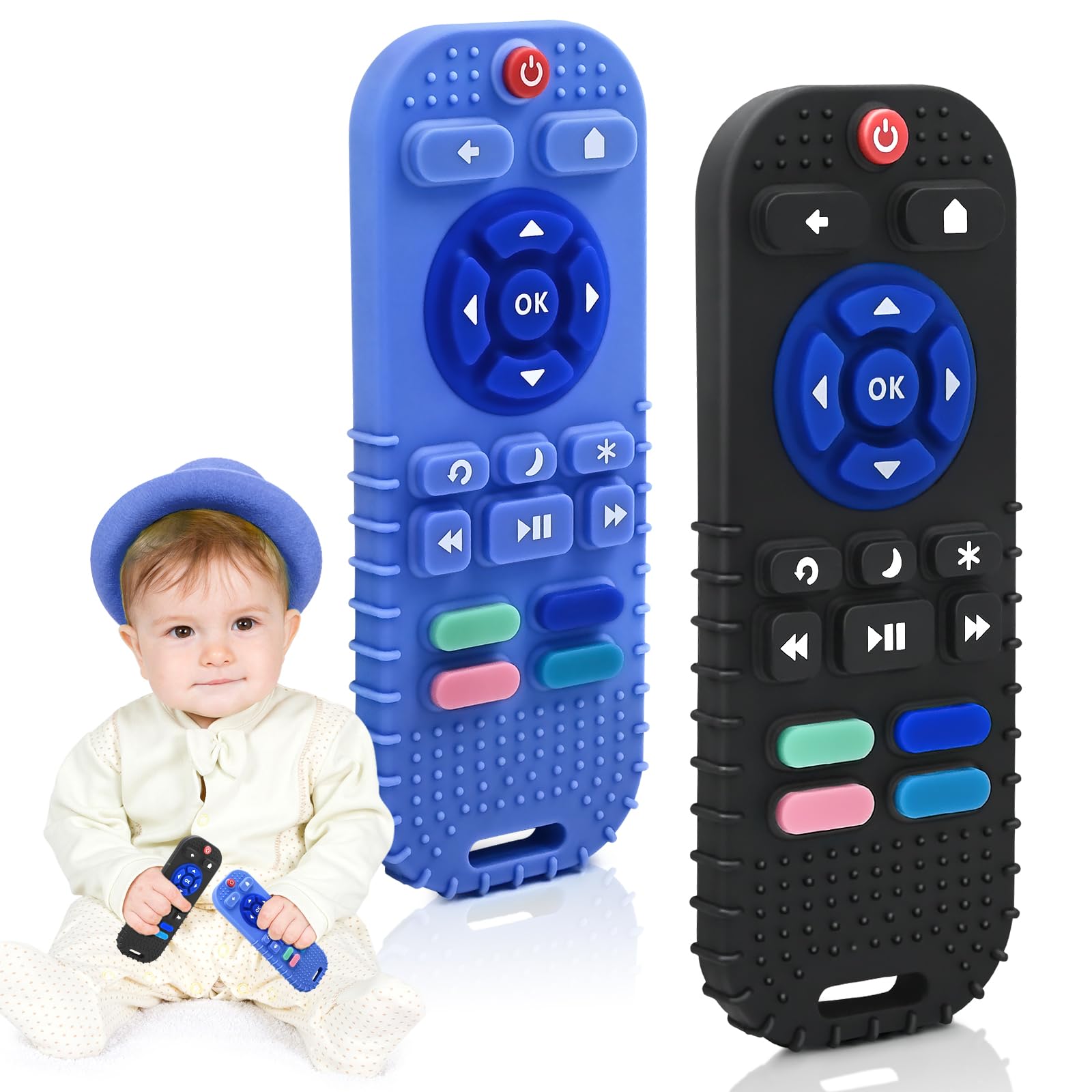 2-Pack Baby Teether for Teething Relief - Sensory Silicone Remote Control Teether Toy for Newborn to 12 Months, Black & Blue