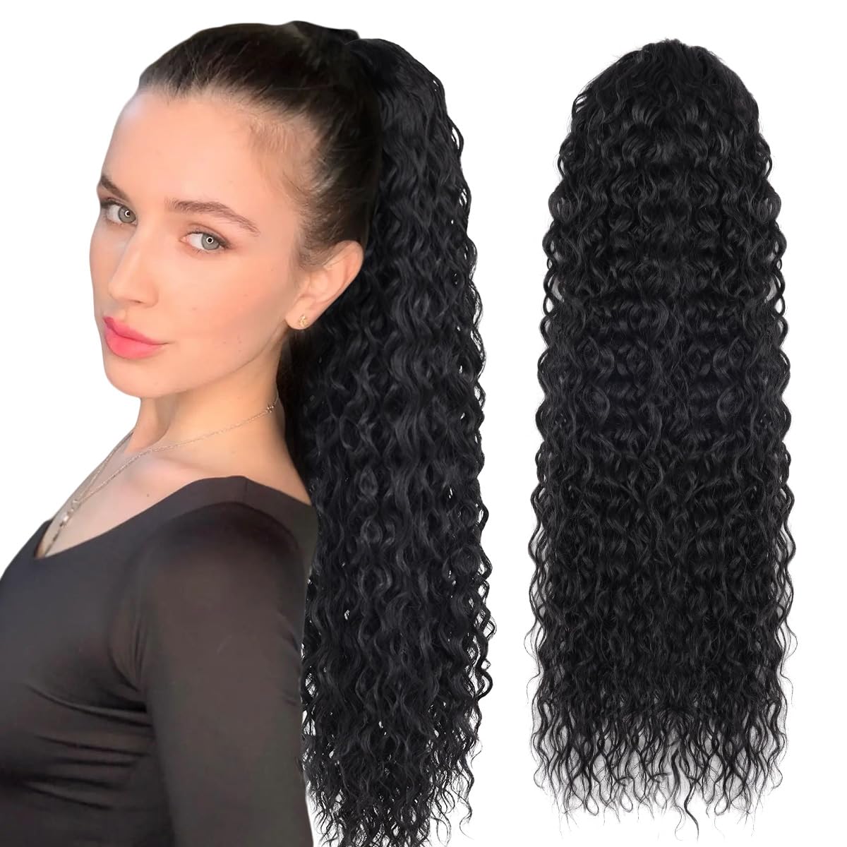 Drawstring Ponytail Extension, 24 inch Long Curly Ponytail Hair Extension Synthetic Hairpiece for Women(1B#, 24 inch) — image 1