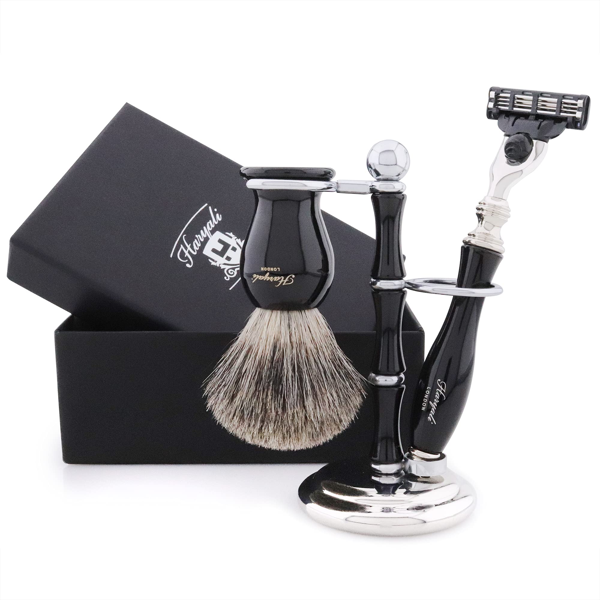 Haryali London, 3pcs Men’s Wet Shaving Set – Badger Hair Shaving Brush, 3 Edge Razor & Elegant Dual Stand – Grooming Gift Set for a Close, Comfortable Shave – Black