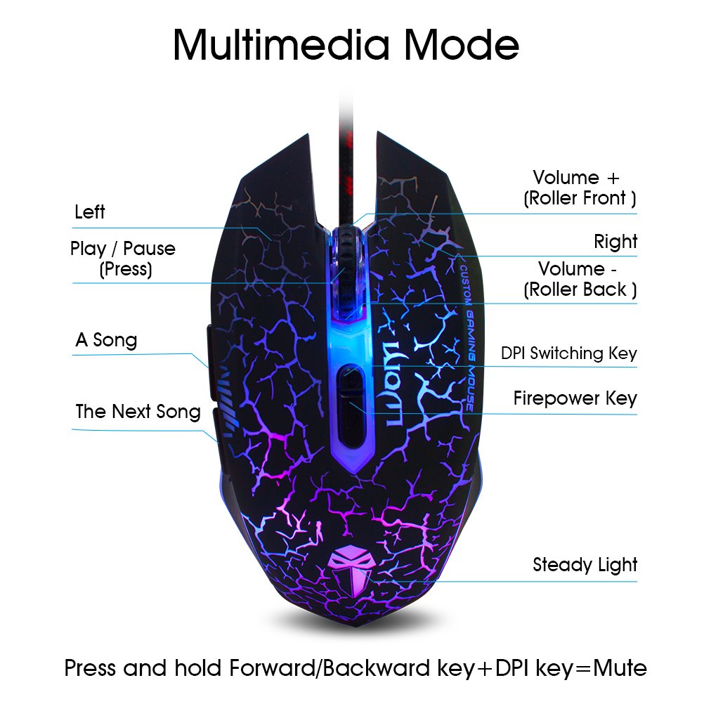 Gaming Mouse,YCCTEAM Ergonomic USB Wired Gaming Mouse Mice with 2000DPI Adjustable High Precision 7 Button LED Optical for Laptop PC Computer Gamer-Black