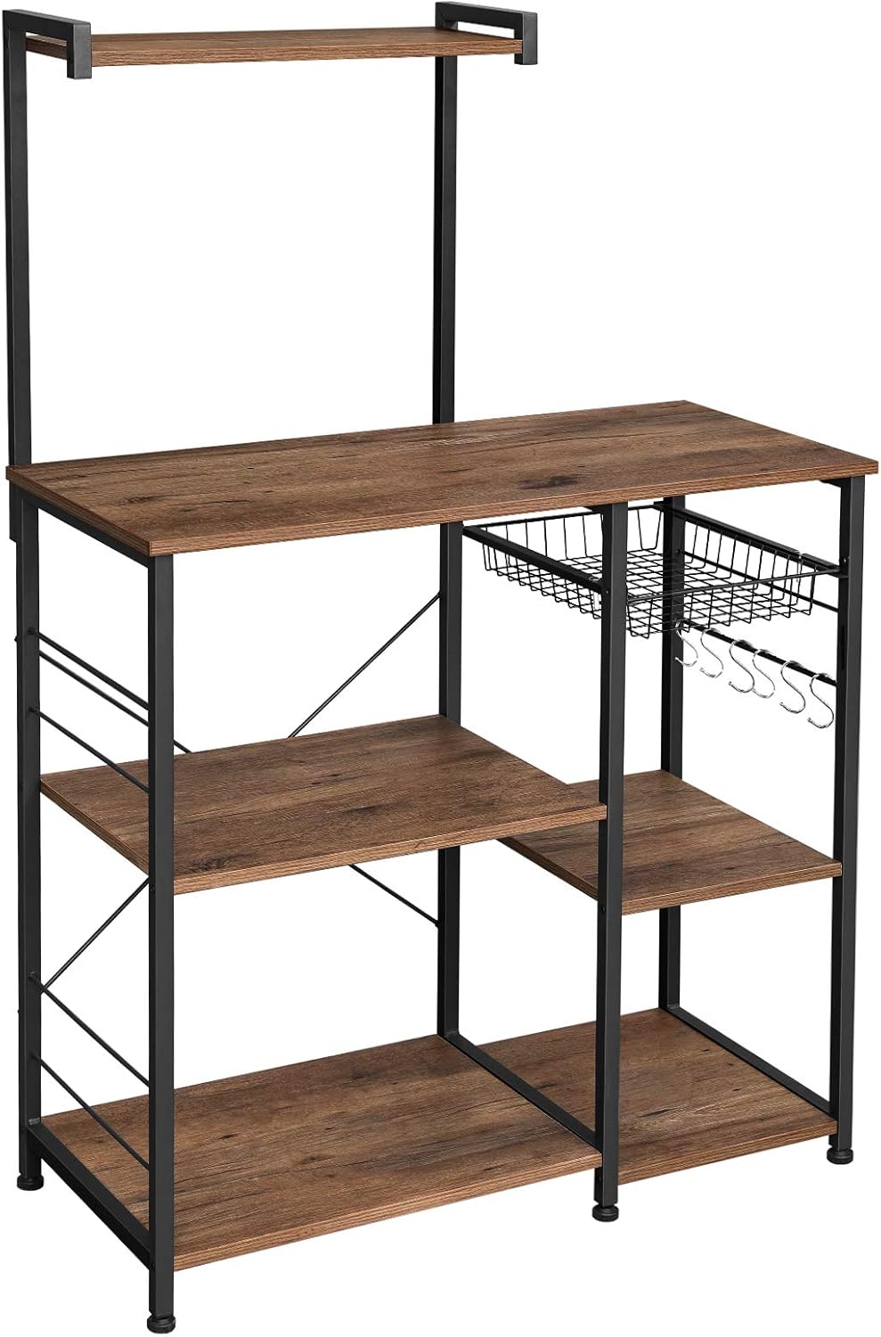 VASAGLE Baker’s Rack with Shelves, Kitchen Shelf with Wire Basket, 6 S-Hooks, Microwave Oven Stand, Utility Storage for Spices, Pots, and Pans, Rustic Brown and Black UKKS35X - Standing Baker's Racks