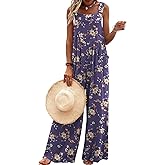 Ekouaer Women's Casual Overalls Loose Wide Leg Jumpsuits Summer Boho Floral Printed Baggy Rompers with Pockets