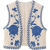 Yimoon Women's Vintage Floral Embroidery Vest Casual Open Front Sleeveless Cardigan Waistcoat