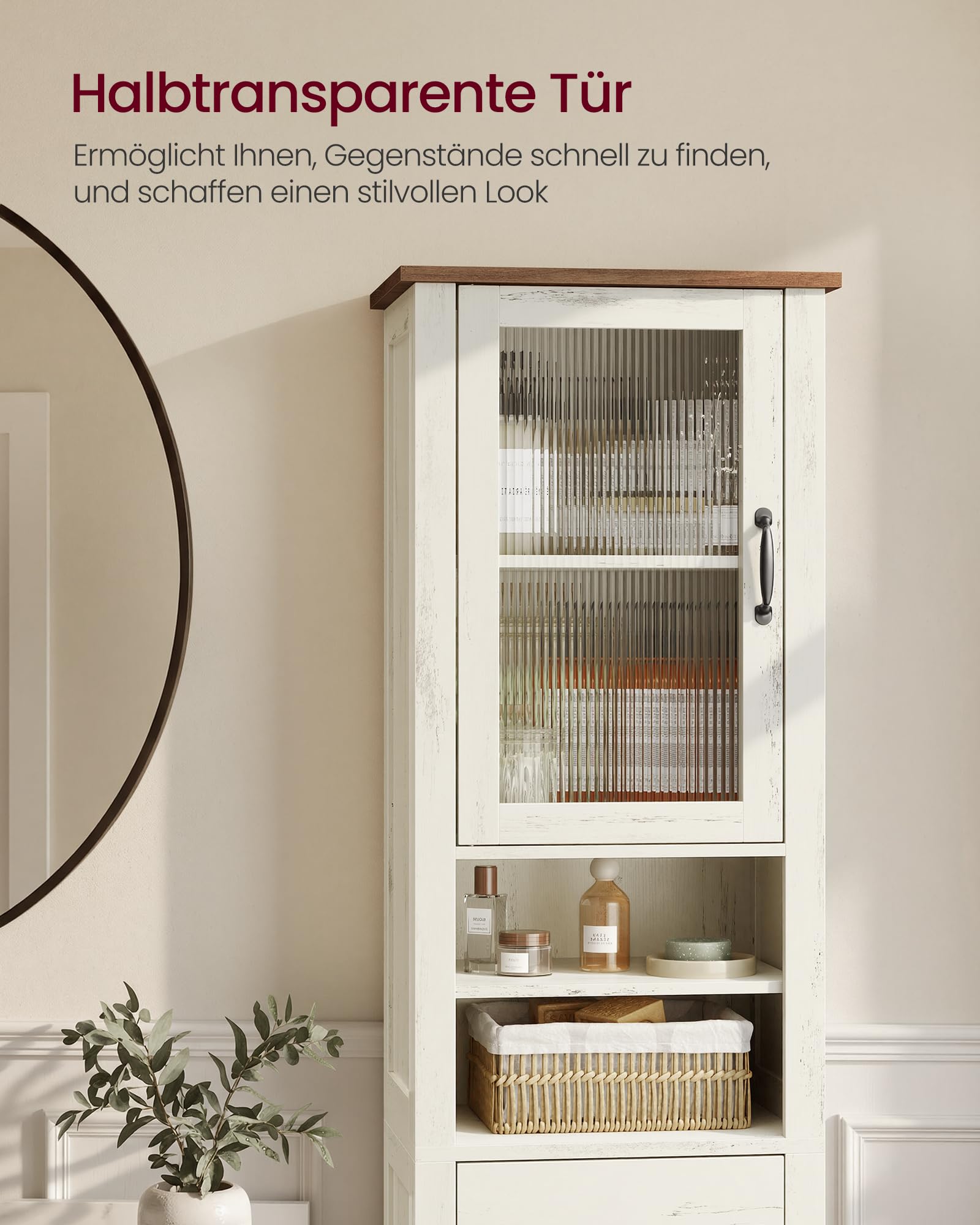 VASAGLE LIRY Kollektion - Badezimmerschrank im Landhausstil, Badschrank schmal, Badmöbel, offene Fächer, 1 Schublade, mit Türen, vintageweiß-honigbraun, 31,5 x 40 x 171 cm BBK760W101 5