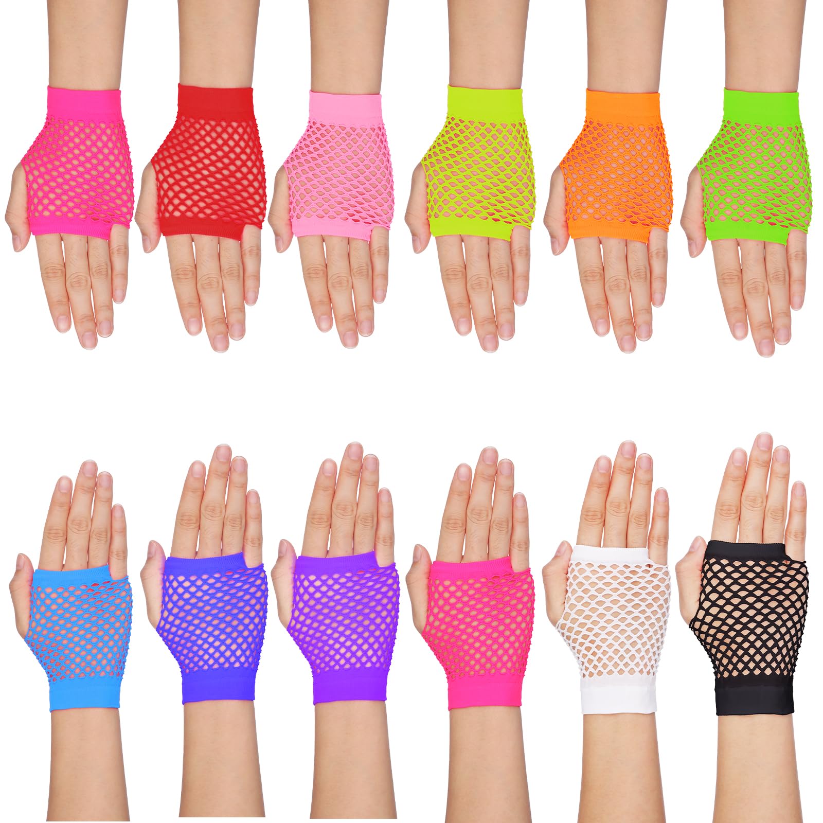 Lusofie 12 Pairs Neon Fishnet Gloves - Short Fingerless Gloves - Assorted Colors Glove for 80s Accessories Halloween Neon Party Accessories Fancy Dress