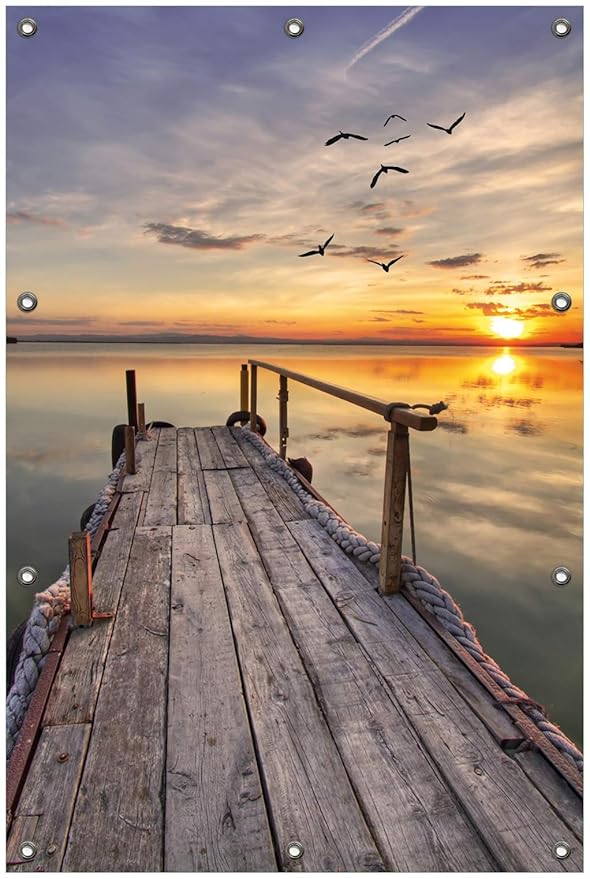 Wallario Garten-Poster Outdoor-Poster, Sonnenuntergang über dem See idyllischer Steg in Premiumqualität, für den Außeneinsatz