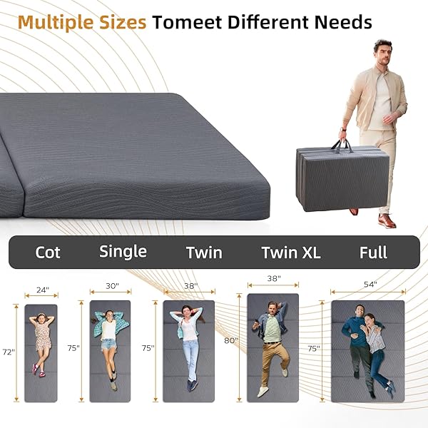 GEMBED FOLDABLE MEMORY FOAM MATTRESS – 3 INCH TWIN WATERPROOF COLLAPSIBLE MATTRESS WITH WASHABLE COVER, PORTABLE GUEST BED PAD, SLEEPING MAT FOR TRAVEL RV CAMPING YOGA, NON-SLIP BOTTOM,75″X38″X3″