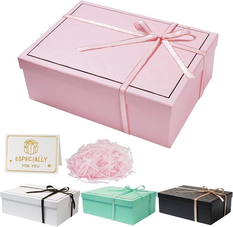 XWCHASA Pink Gift Boxes Textured Gift Box with Lids Ribbon Greeting Card