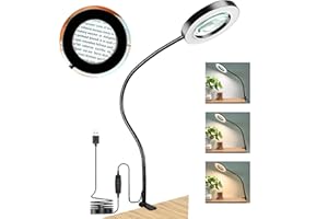 HITTI 10X Magnifying Glass with Light and Clamp, 3 Color Modes Stepless Dimmable Lighted Magnifying Lamp, Flexible Gooseneck LED Magnifier with Stand for Craft Hobby Reading Repair Close Work