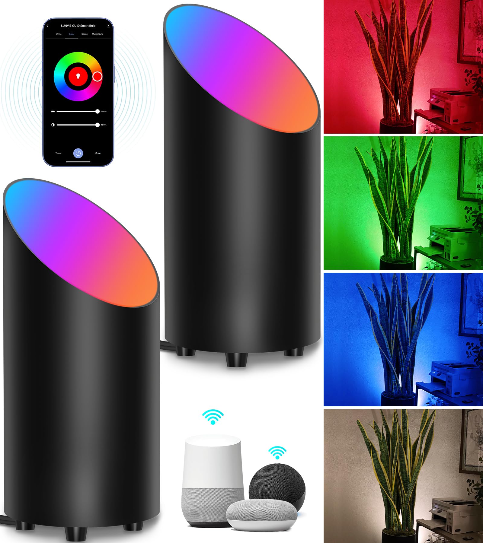 Photo 1 of SUNVIE 2 Pack Smart Floor Can Light 5W RGBW Color Changing Uplighting Indoor Uplights 2700K-6500K Up Lights Indoor Floor Spotlight for Plant Corner Wall Artwork, APP Control Alexa & Google Home, Black