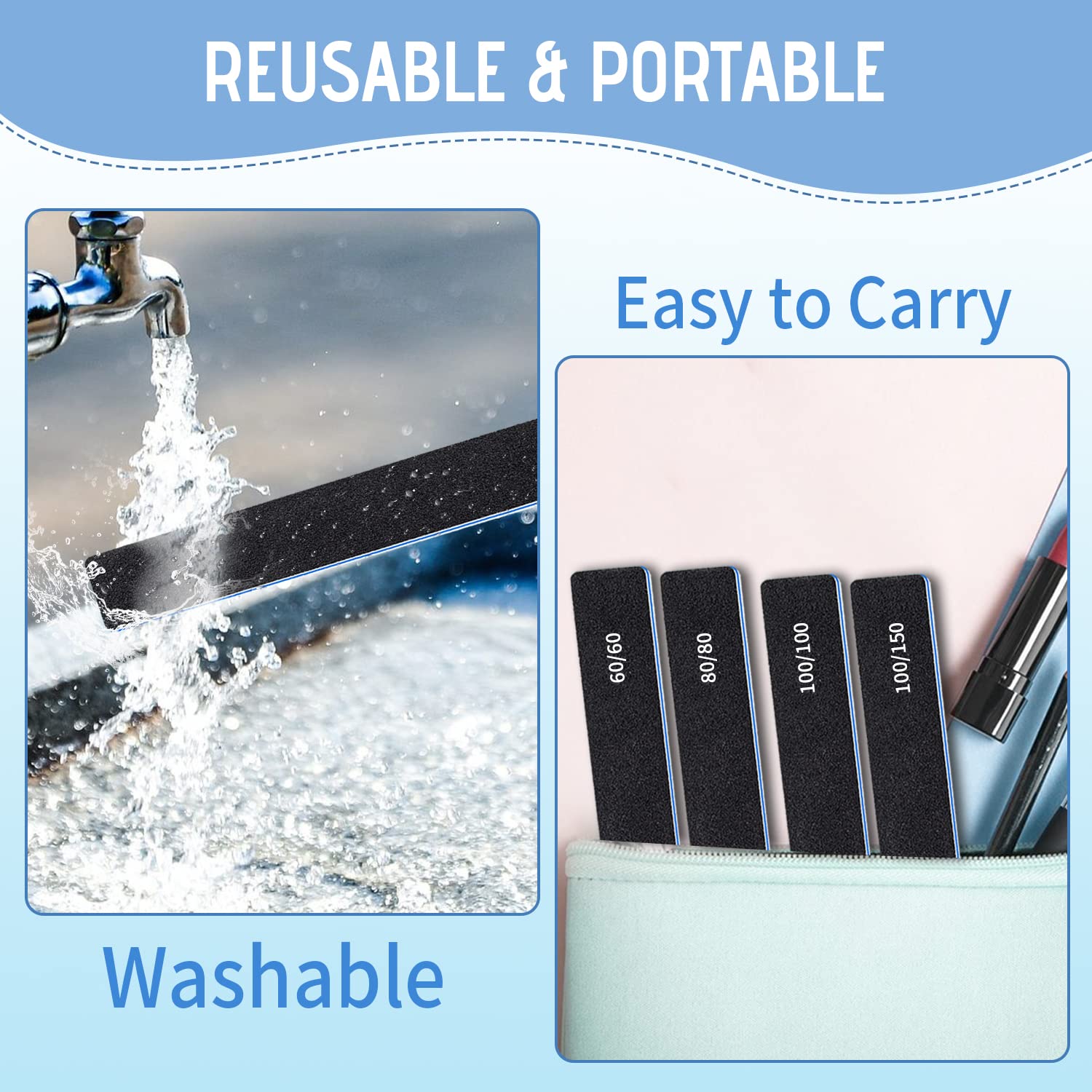 12 Pcs Professional Nail Files, 60/60 Grit Nail Files for Acrylic Nails Gel Nails, Double Sided Emery Board for Nails, Reusable & Washable Coarse Nail File for Home and Salon Use