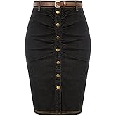 Belle Poque Denim Pencil Skirt for Women Ruched Bodycon Jeans Skirt with Belt High Waisted Pencil Skirts