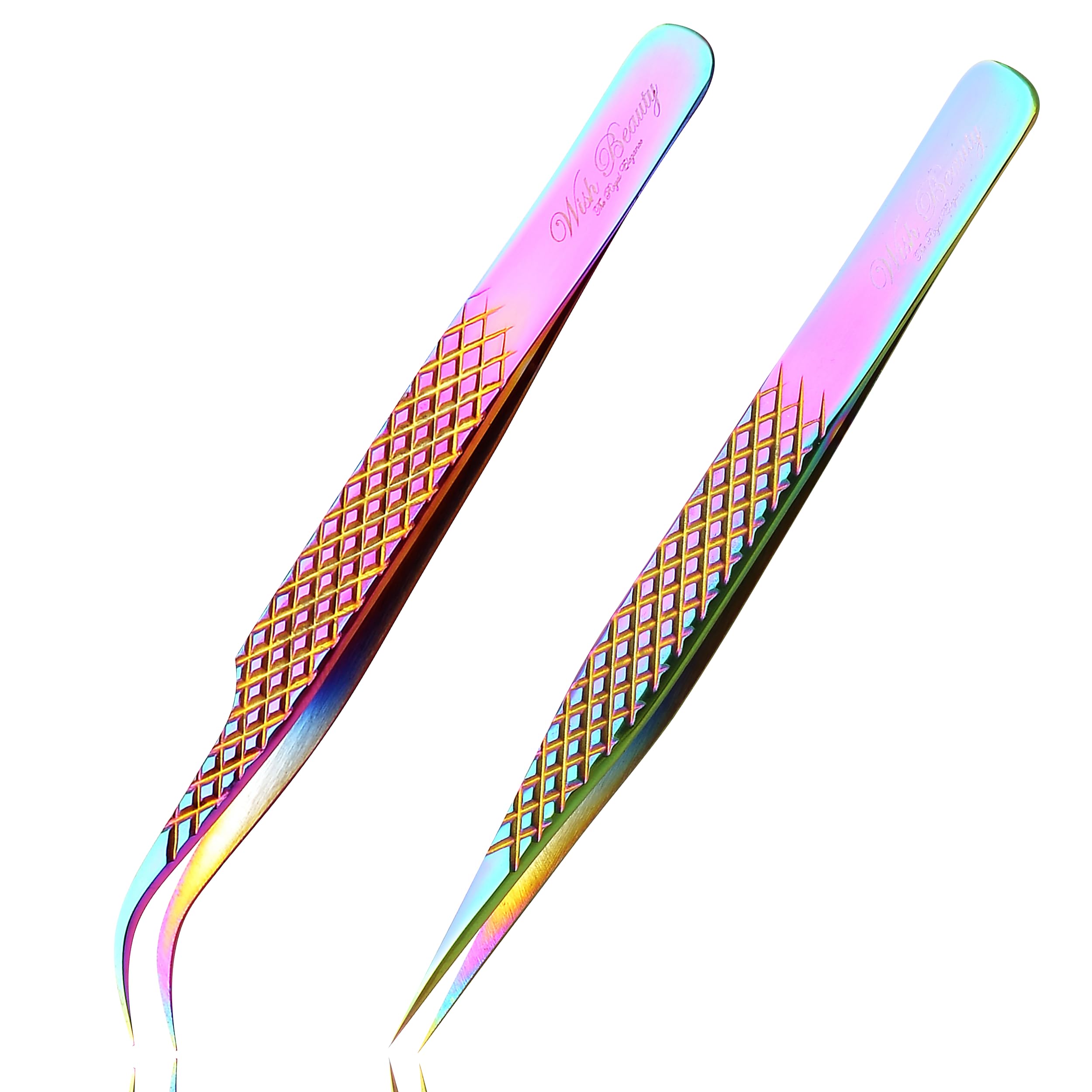 Wishbeauty 2-Piece Rainbow Lash Extension Tweezers - Professional Straight Isolation & Curved Pointed Set for Classic, 3D 5D Volume & Mink Lashes