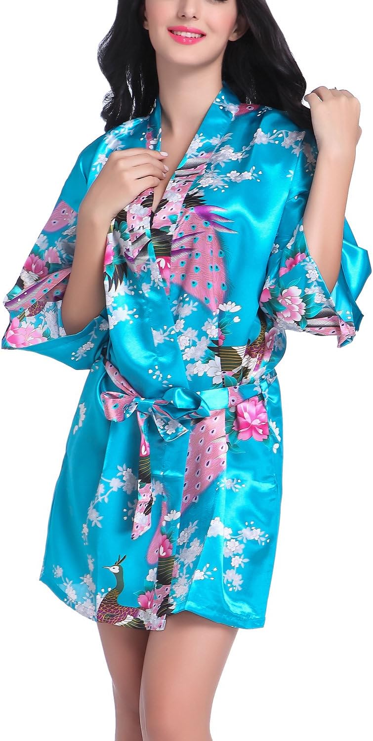 Women Short Kimono Robes Bridesmaid Peacock and Blossoms Stain Silk Nightwear