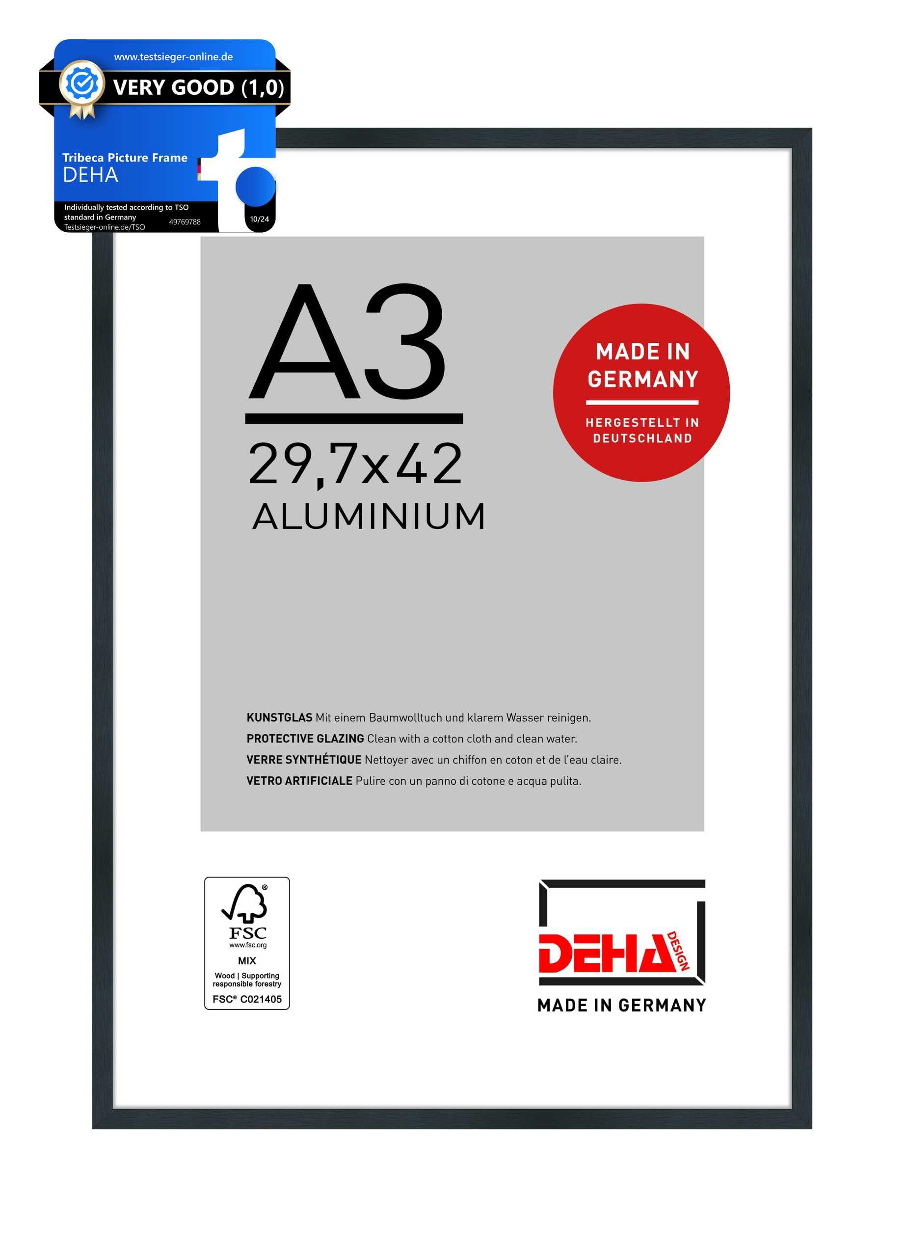 DEHA Design Tribeca Aluminium Picture Frame - A3 (29.7x42 cm) – Brushed Black - with Synthetic Glass and Push/Turn Clips