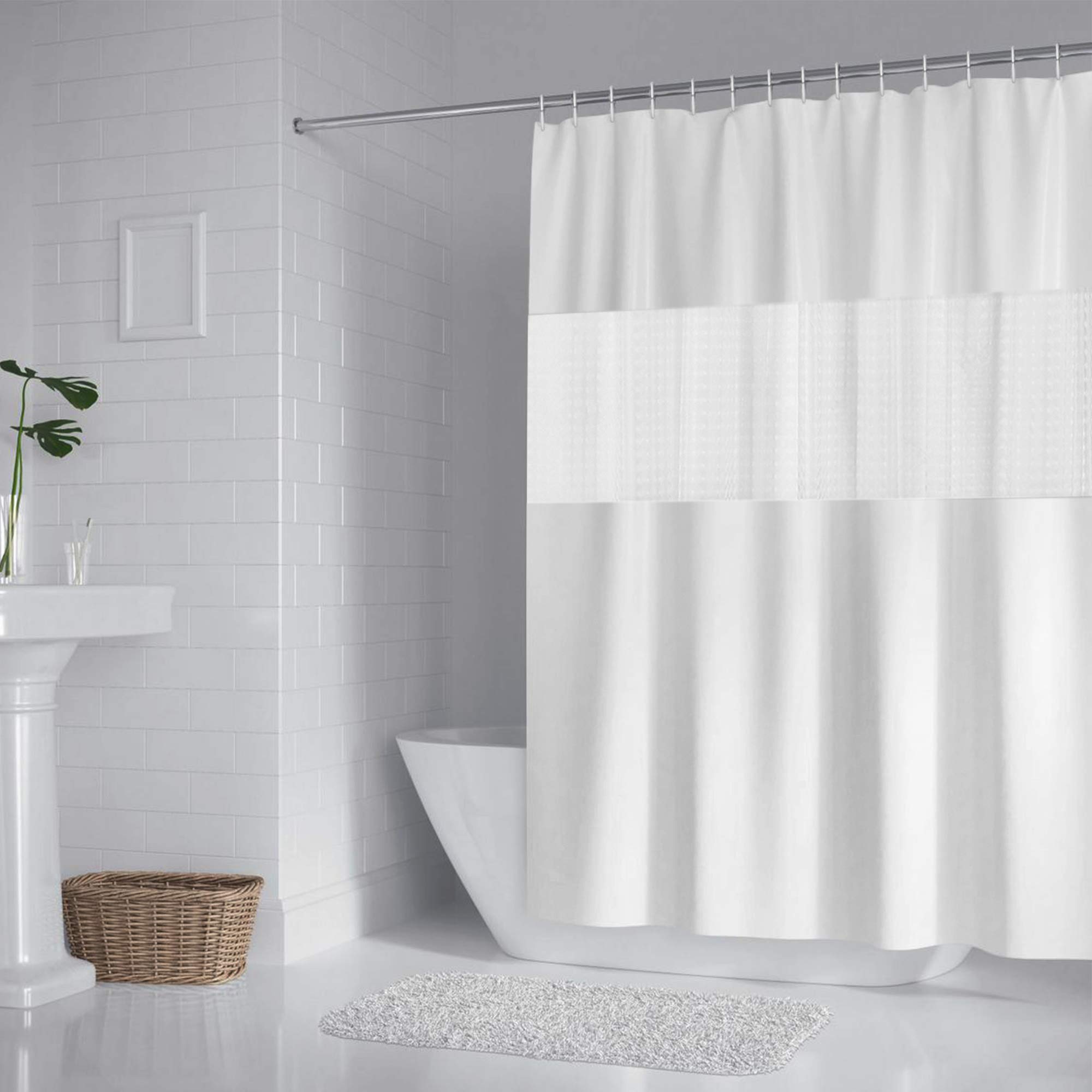 DUFU Shower Curtain Mould, 3D Clear ECO Shower Curtain Beige Waterproof & Washable,with 12 Rustproof Hooks, for Bath Tub and Shower Stall, 200 x 180 cm, White