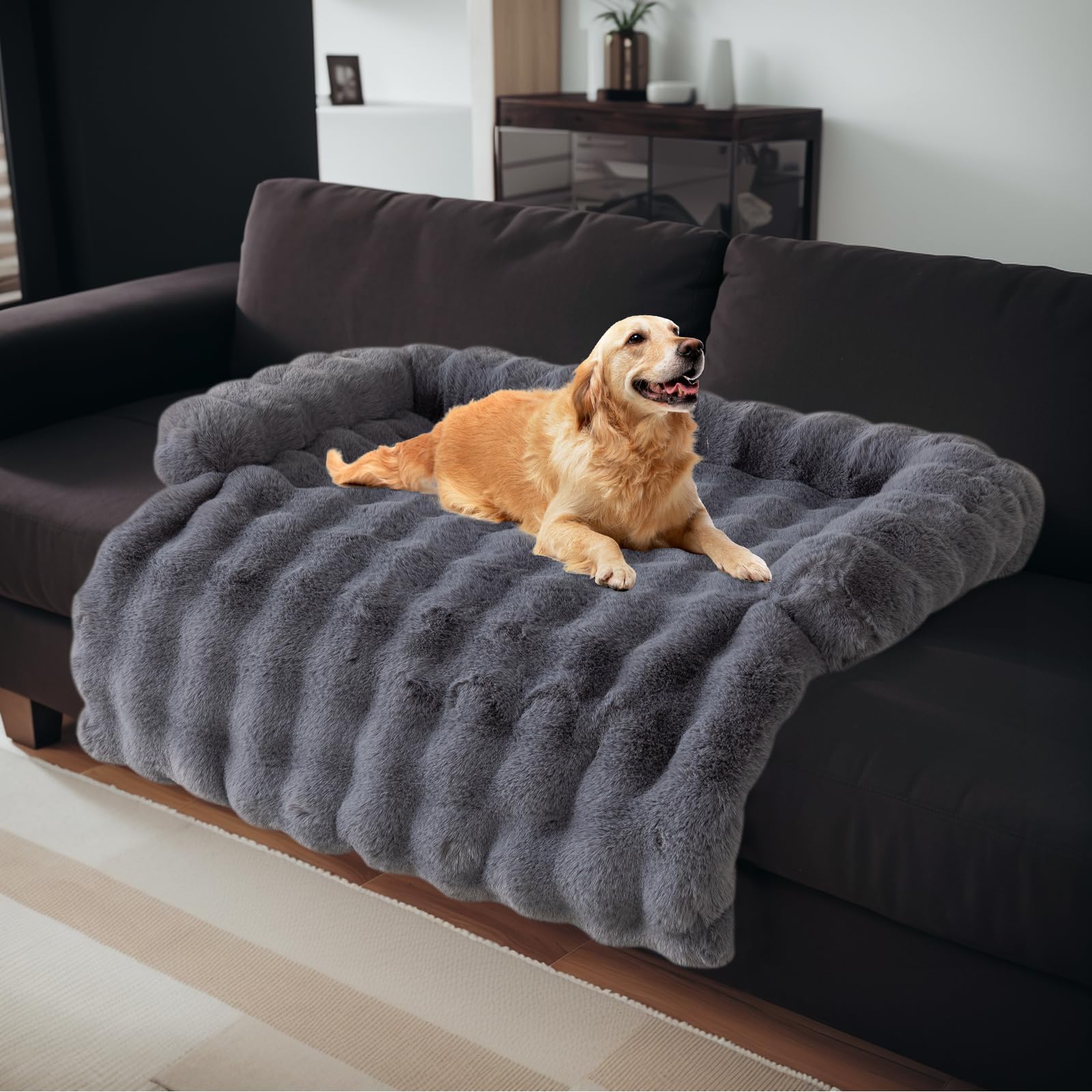 Photo 1 of LiveGo Fuzzy Calming Dog Sofa Bed Mat, Washable Plush Couch Cover for Pets, Furniture Protector with Anti-Slip Bottom (Gray, 35.4"*35.4")