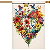 Starlit Patio Colorful Heart Shaped Flower House Flag with Birds and Butterflies Outdoor House Decoration Seasonal Spring Summer Yard Banner Double Sided 28x40 Inch Welcome Garden Flag for Porch Lawn