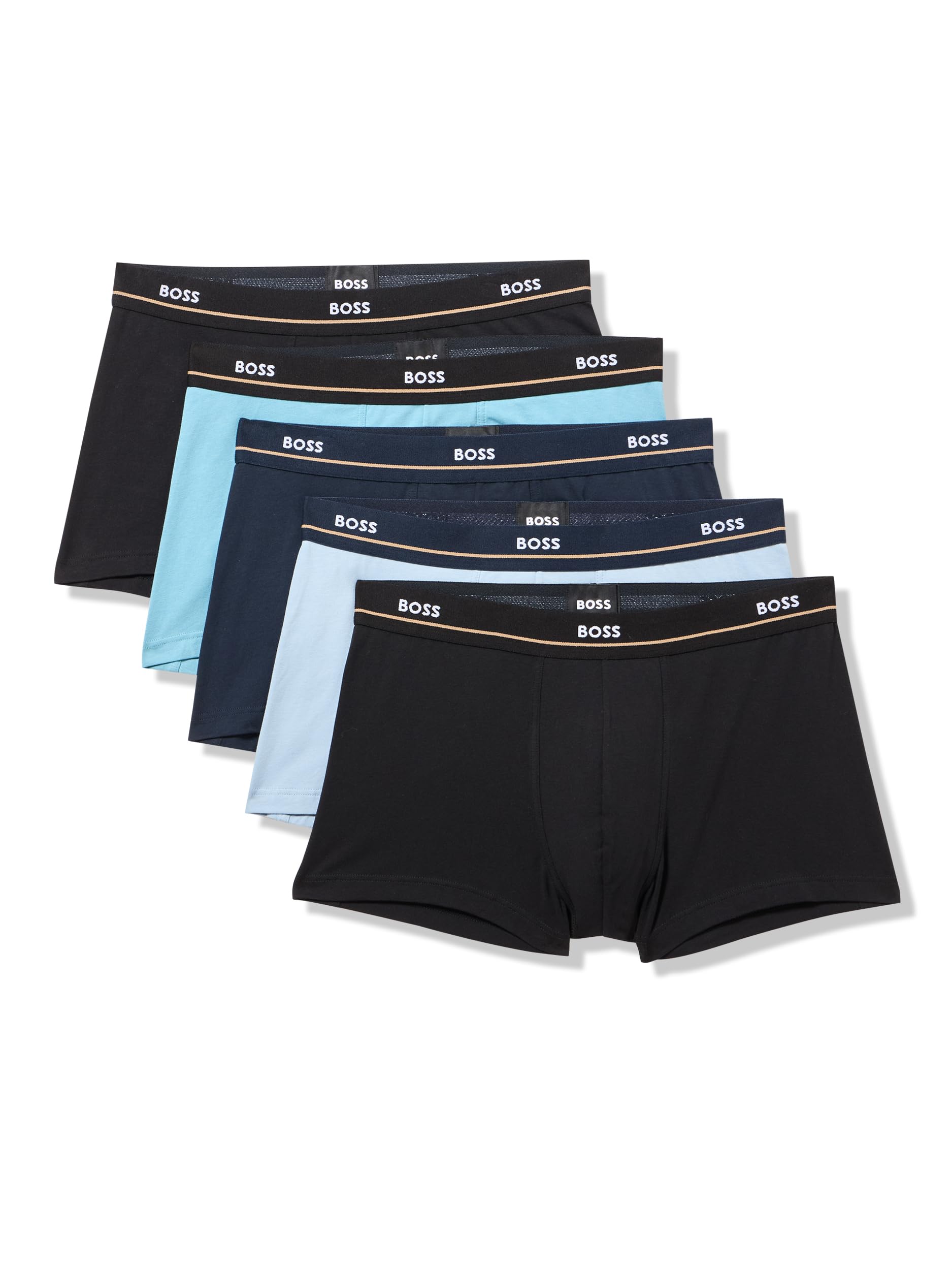BOSS, 5 Pack Bold Logo Cotton Stretch Trunks, forever blue/ballad blue/black/navy/black, M