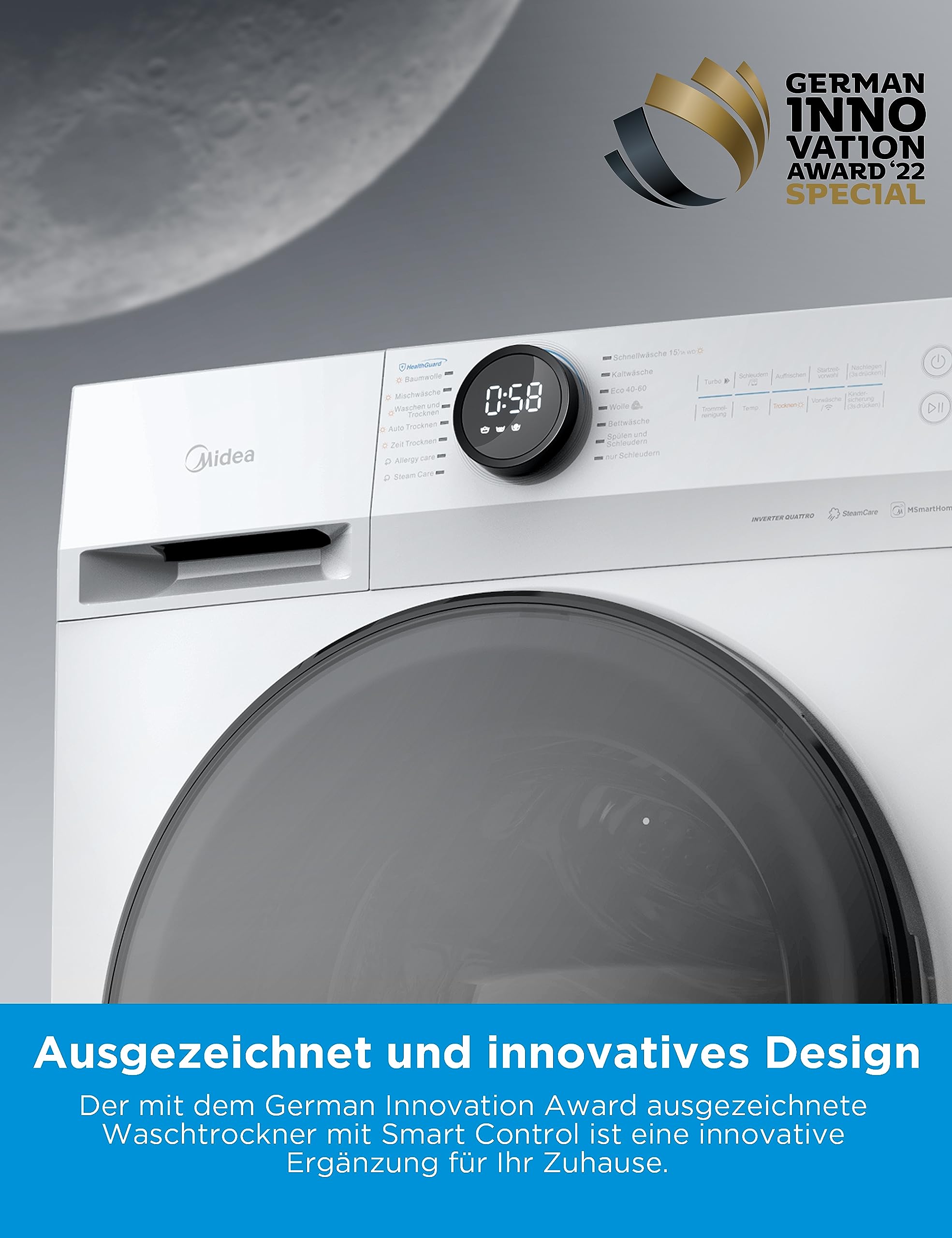 Midea MF200D86WB-14EAS Waschtrokner, 8/6kg Waschen/Trocknen, A, Inverter Mortor, Auffrischen, 60 Min. Waschen & Trocknen, Steam Care, Turbo Wash, 48 cm tief, APP-Steuerung, AquaStop 2