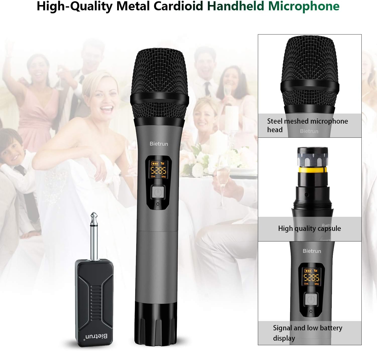 Wireless Microphone, UHF Metal Dynamic Handheld Karaoke Mic, Rechargeable Receiver (Work 6hs), 160ft Range, for Karaoke Machine, Singing, Stage, Speaker, Amplifier, Mixer, iPhone, Camera, Laptop: Electronics