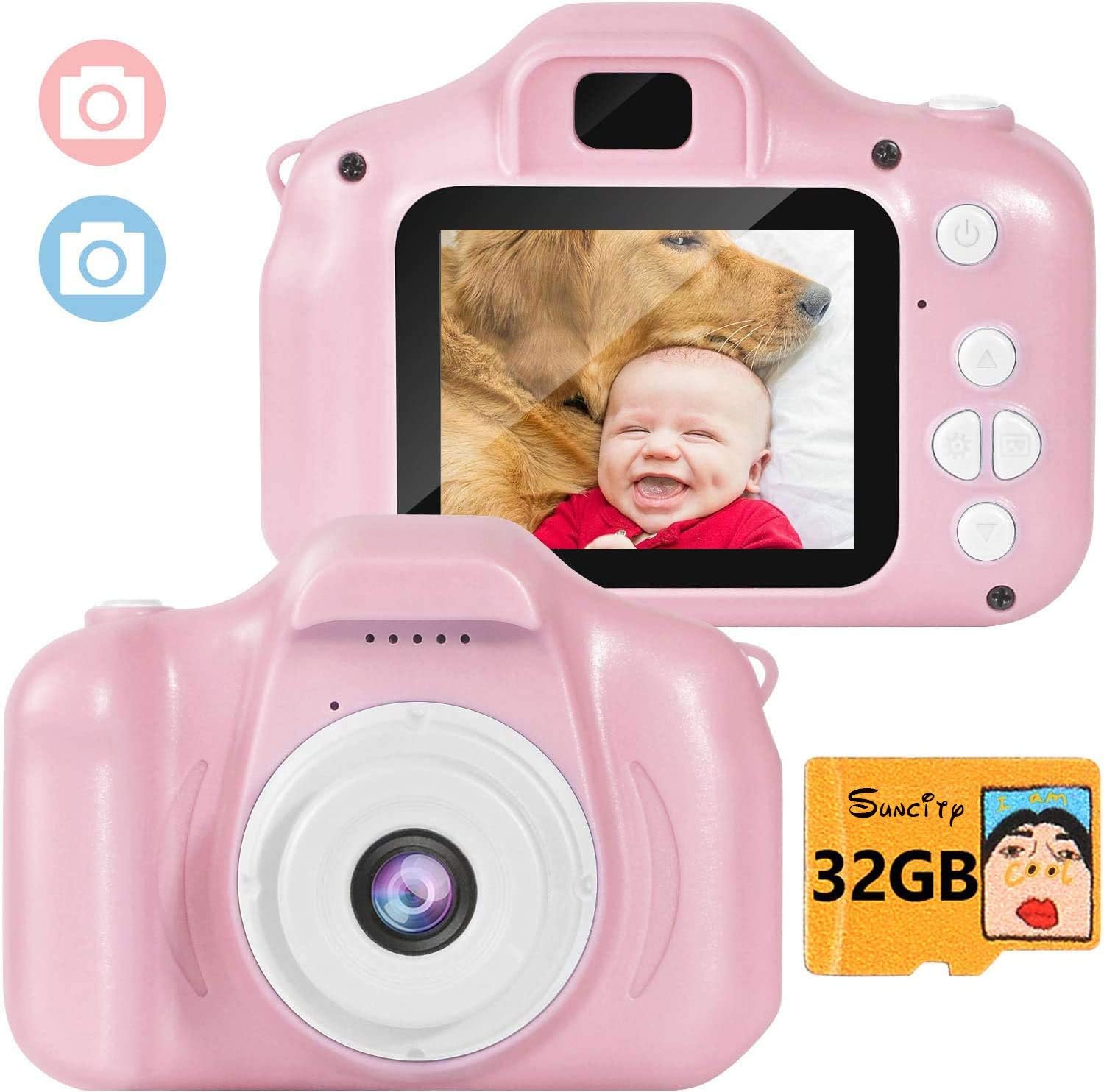 Suncity Girl Toys Gifts Kids Camera Digital for 2 3 4 5 6 7 8 Year Old Birthday Holiday Present Camcorder 2 Inch Screen with 32GB Card for Children Toddler (Pink)